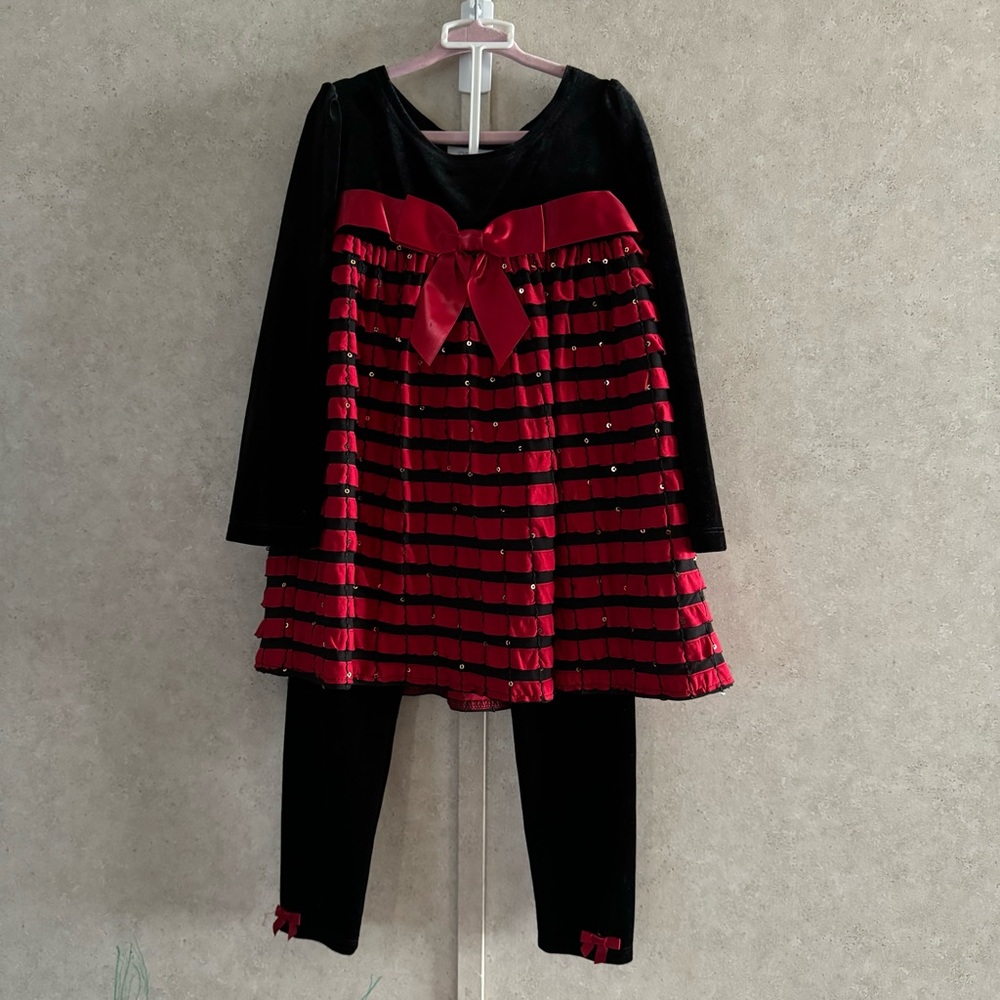 Christmas Red and black dress with leggings black velour size 5T for girls